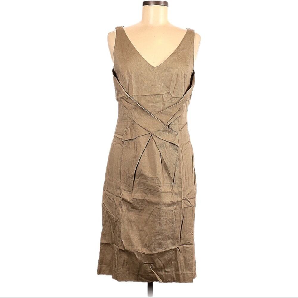 Magaschoni Cross Front Sleeveless Sheath Midi Dress Women’s Size 8 Tan